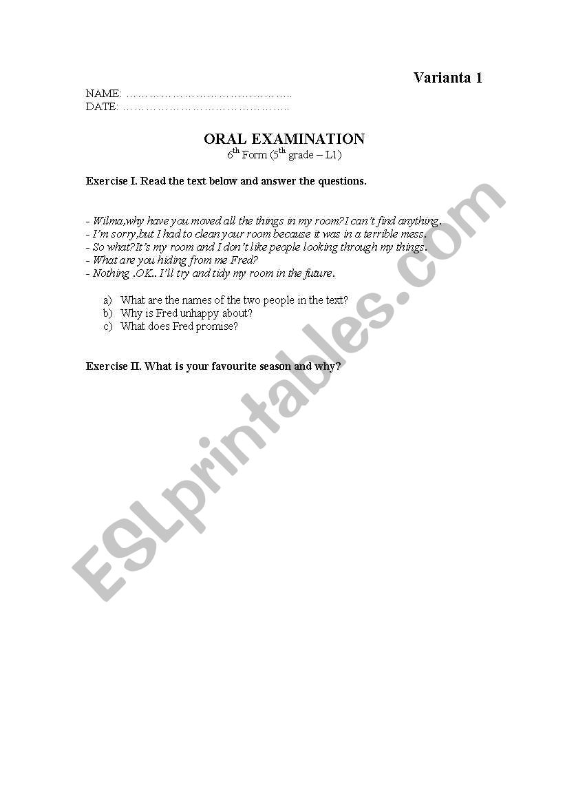 ORAL EXAMINATION - 6TH GRADE worksheet