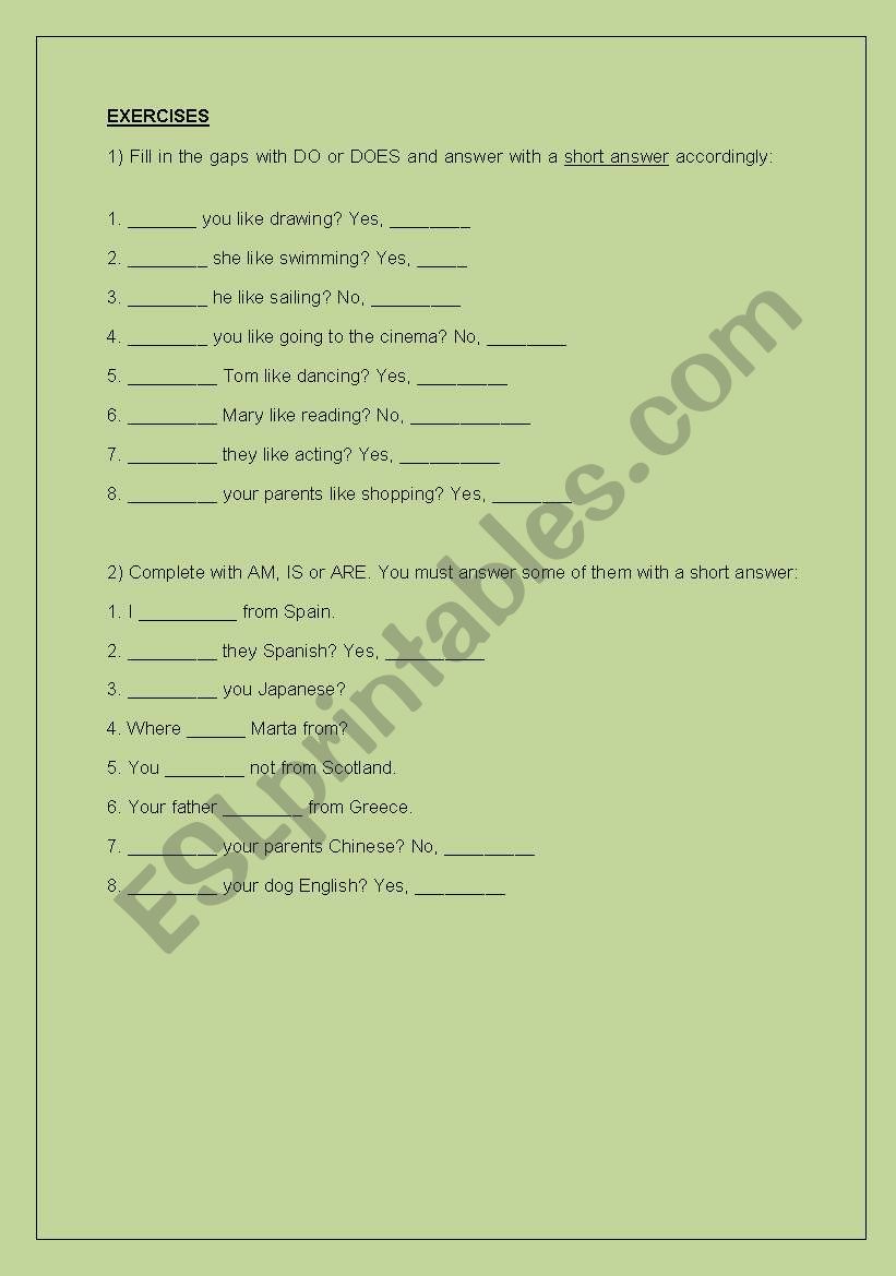 Do/Does and am/is/are worksheet