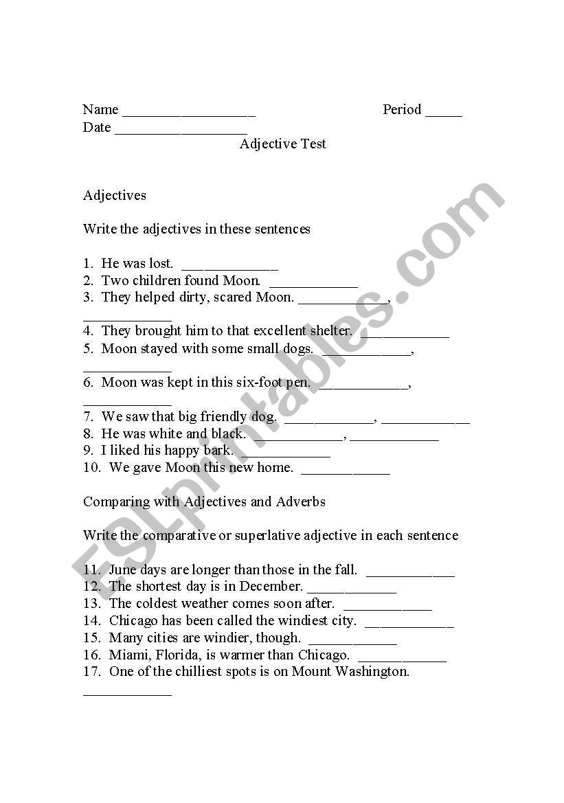Adjective & Adverb Test worksheet