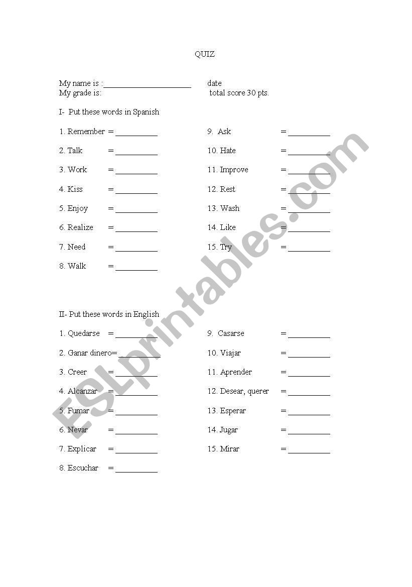 quiz regular verbs worksheet