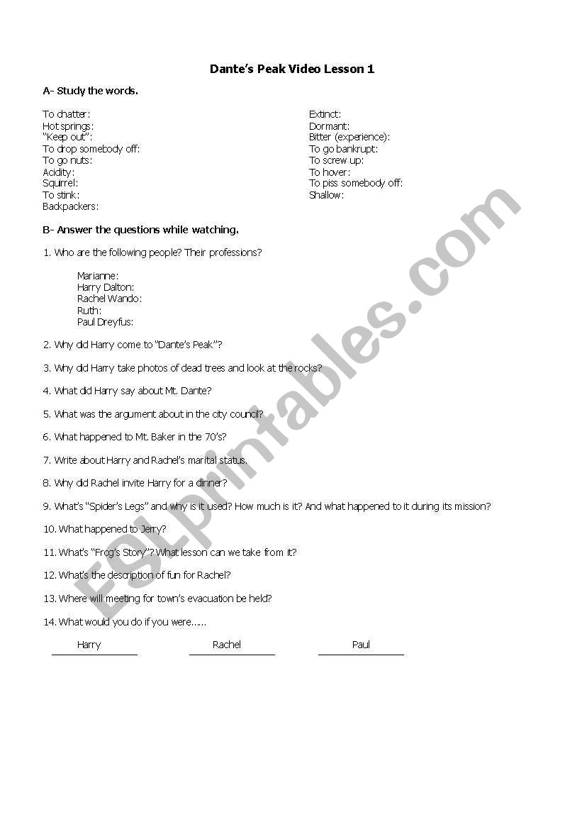 Dantes Peak Video Lesson worksheet