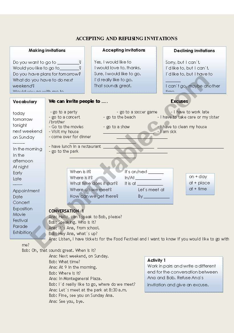 Accept and refuse invitations worksheet