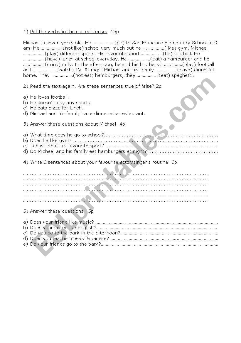 Test - Simple present worksheet