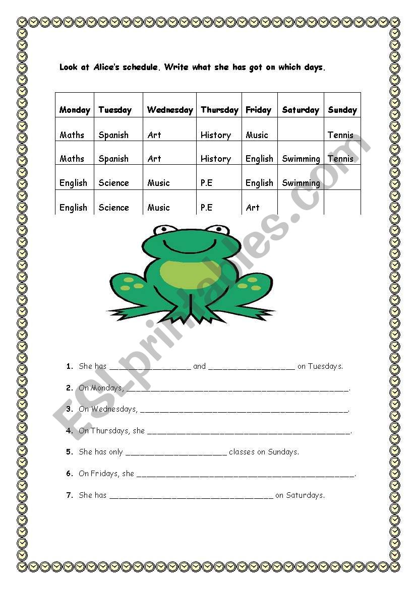 Alices timetable worksheet