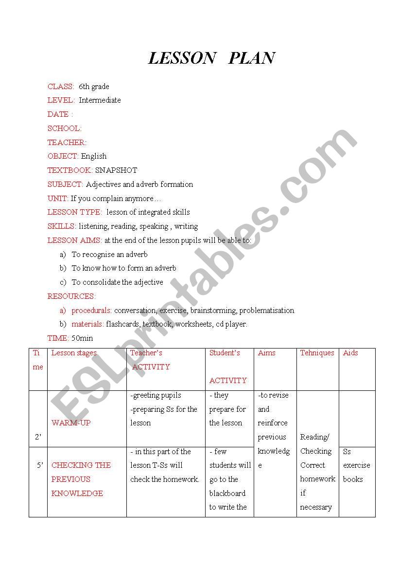 lesson plan 6th grade worksheet