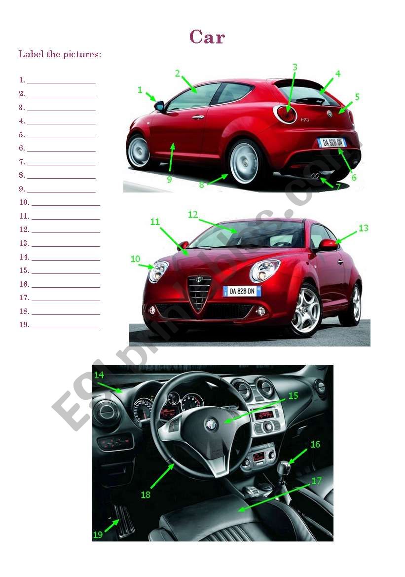 Car parts worksheet