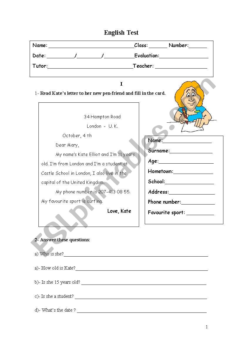 English Test worksheet