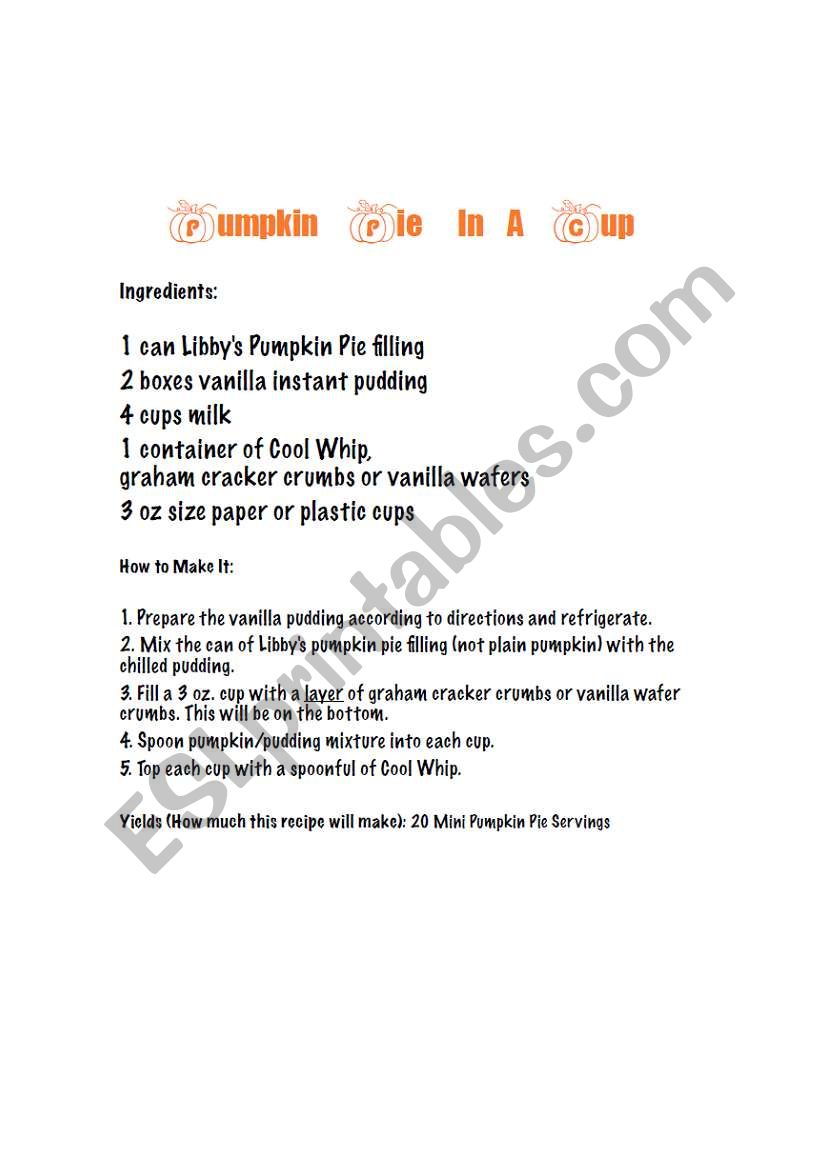 Pumpkin Pie in a Cup with Comprehension sheet
