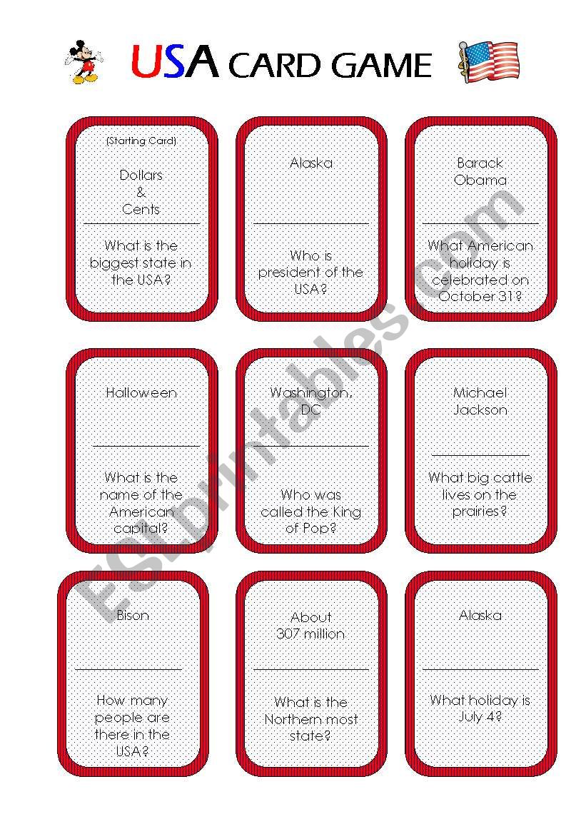 USA Card Game (3 pages) worksheet