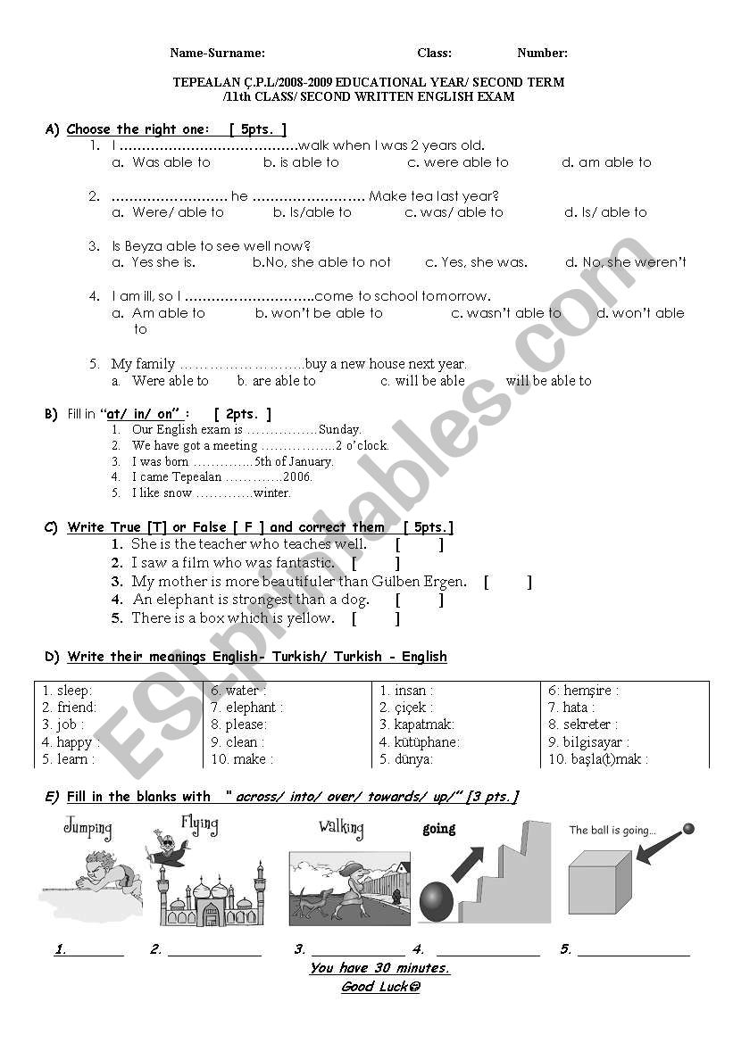 eleventh claseses Examination worksheet