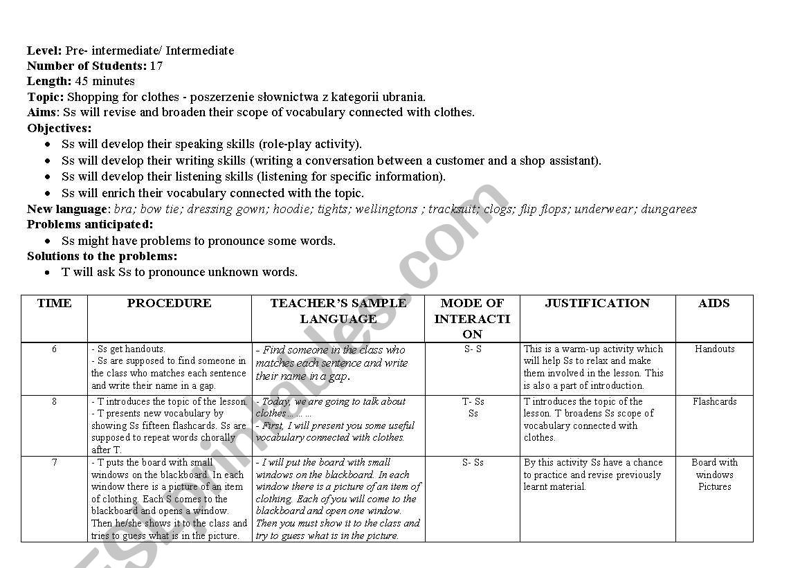 lesson- plan- clothes worksheet