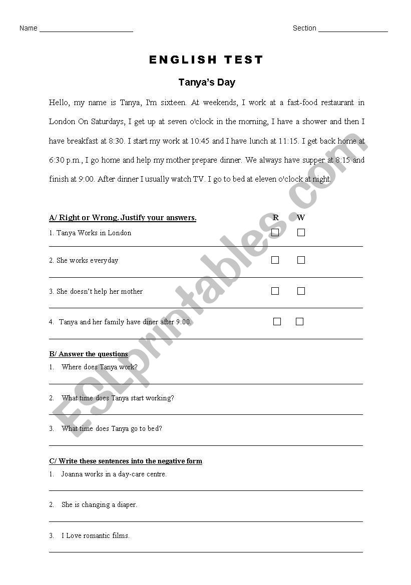 Tanyas Day worksheet