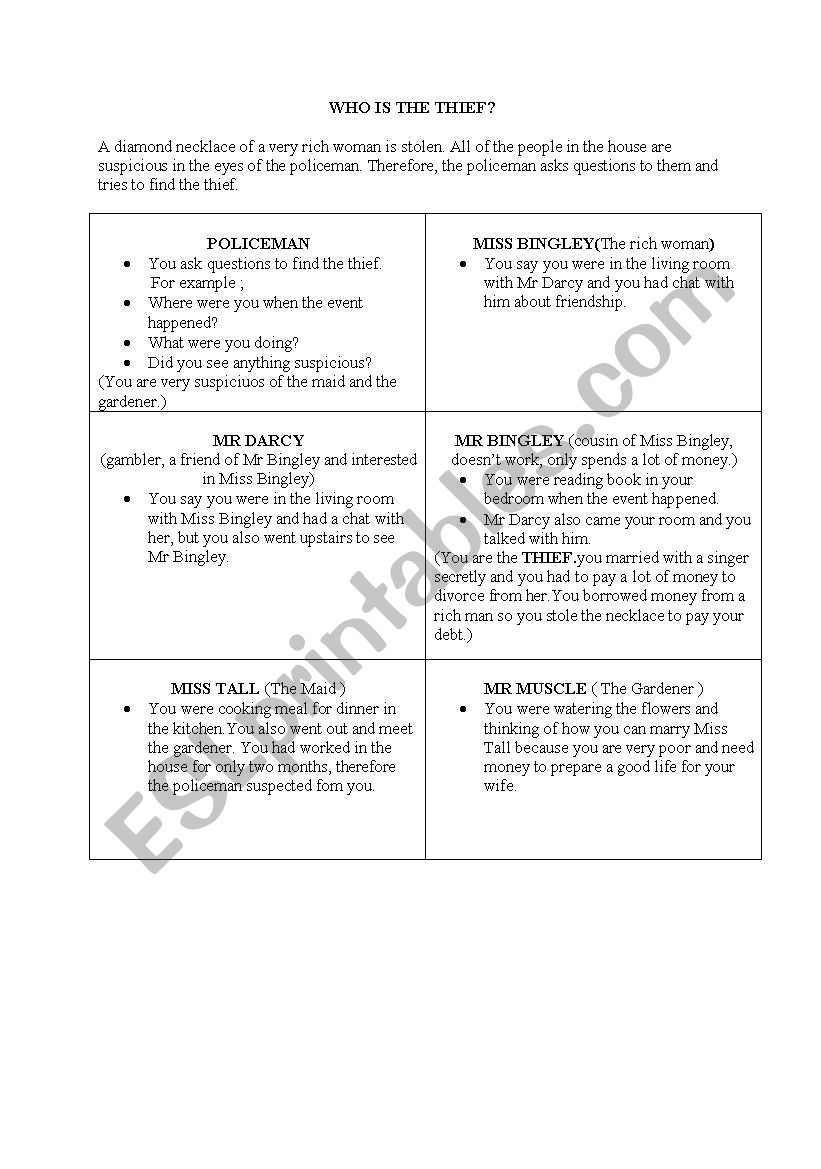 Role-card for speaking worksheet