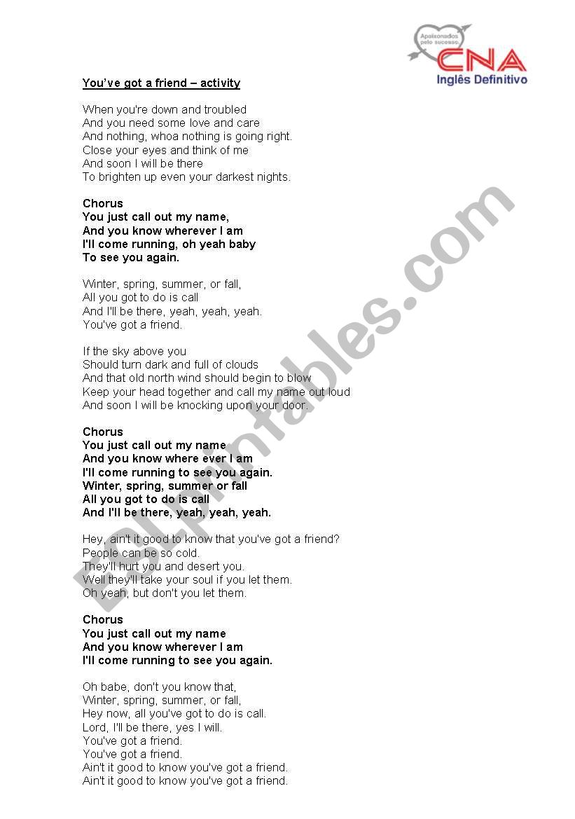 youÂ´ve got a friend worksheet