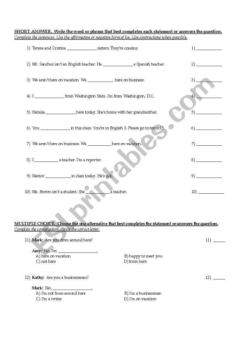 TEST FOR AFFIRMATIVE, NEGATIVE AND QUESTIONS WITH be; THIS/THAT, THESE/THOSE