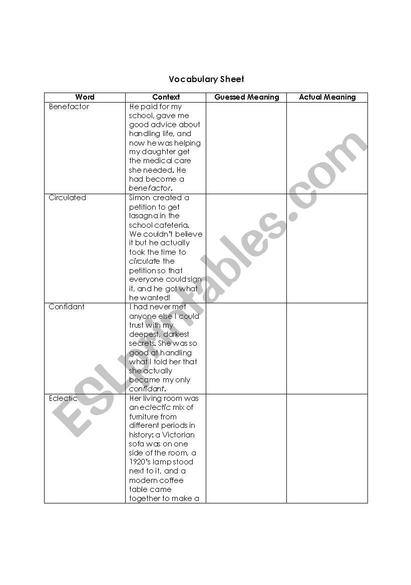 Personal Dictionary or Vocabulary Sheet