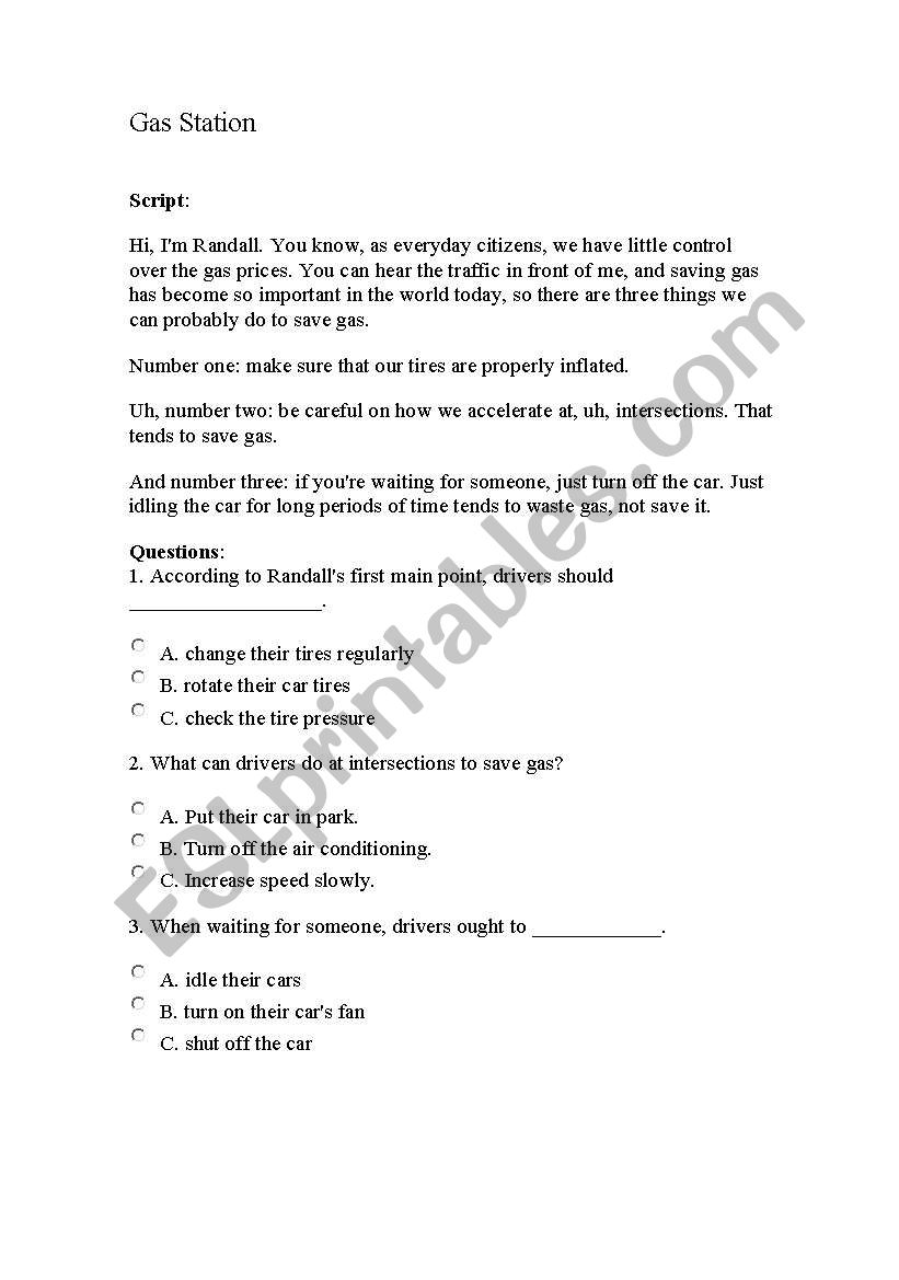 reading gas station  worksheet