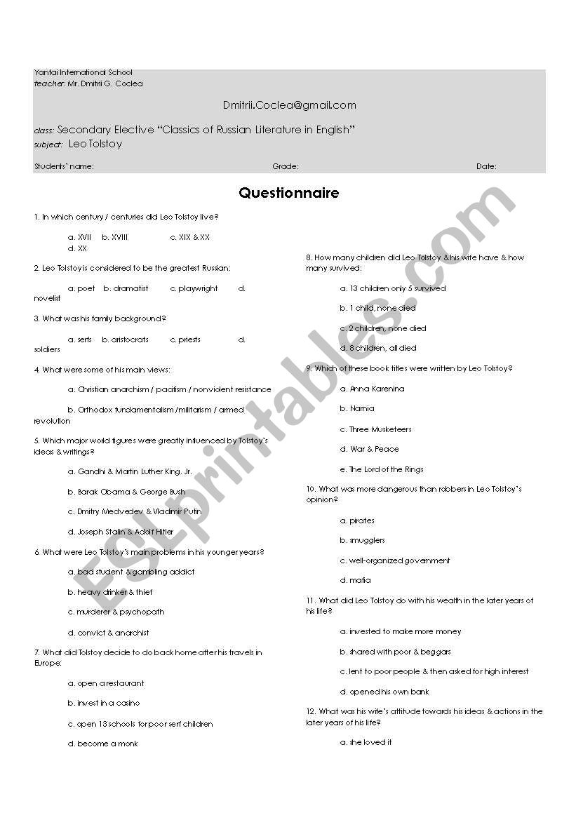 Leo Tolstoy general Questionnaire