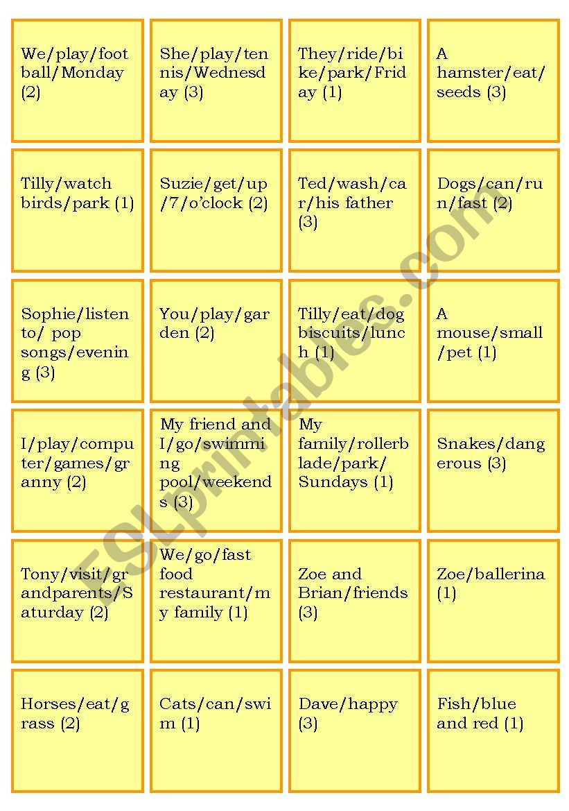 Sentence cards to the game Present Simple All forms