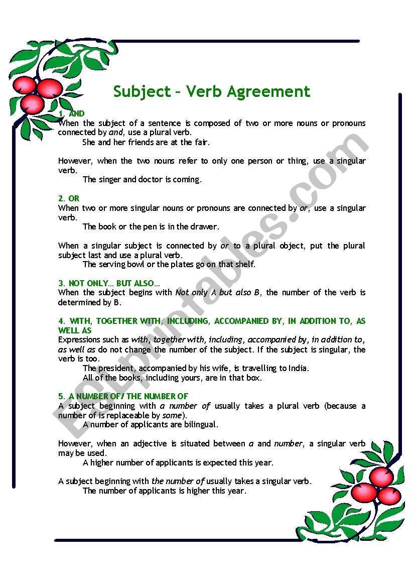 Subject - Verb Agreement worksheet