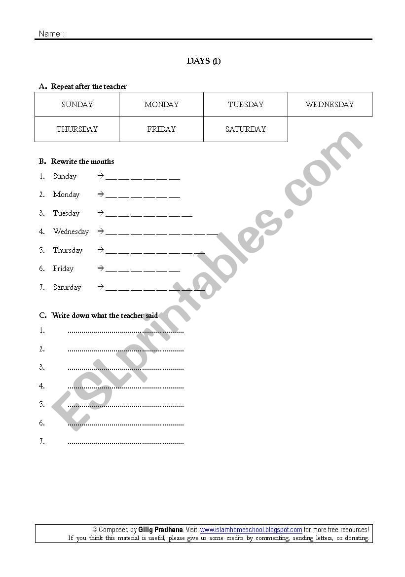 Days (Beginner) worksheet