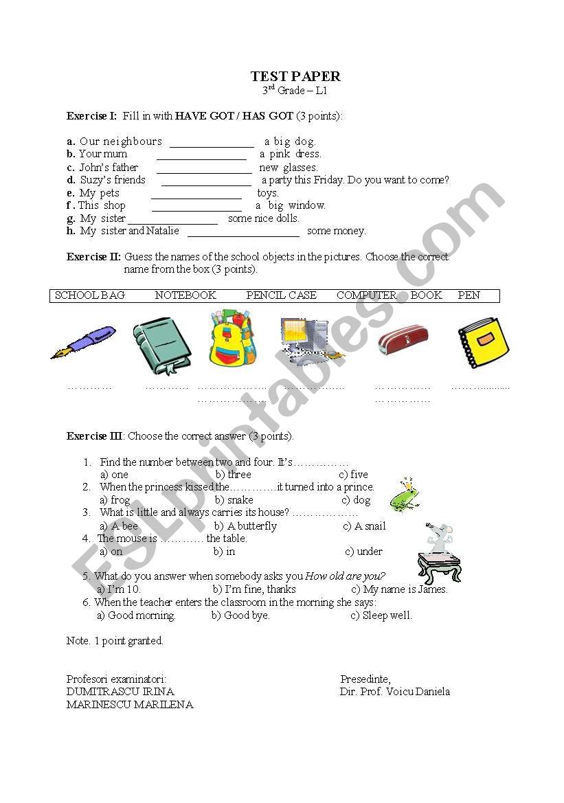 TEST PAPER - 4TH GRADE worksheet