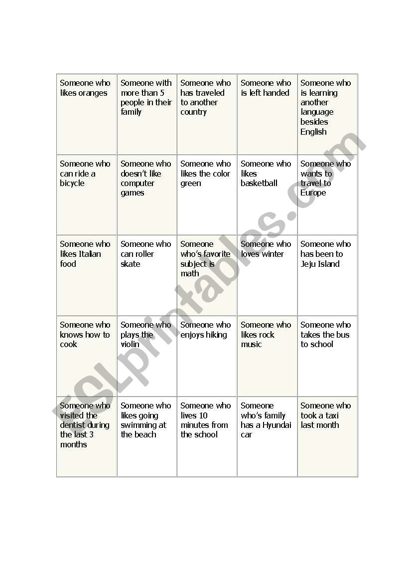 Human Bingo worksheet