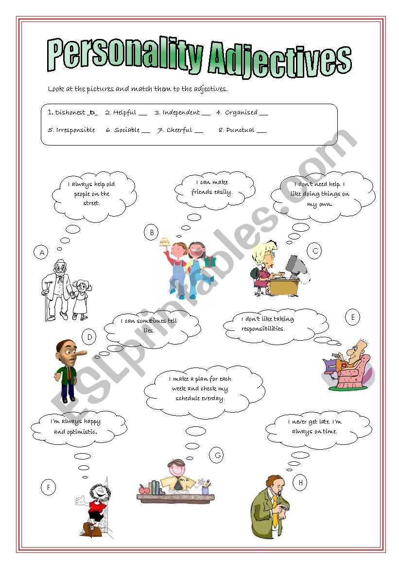 Personality Adjectives Worksheets