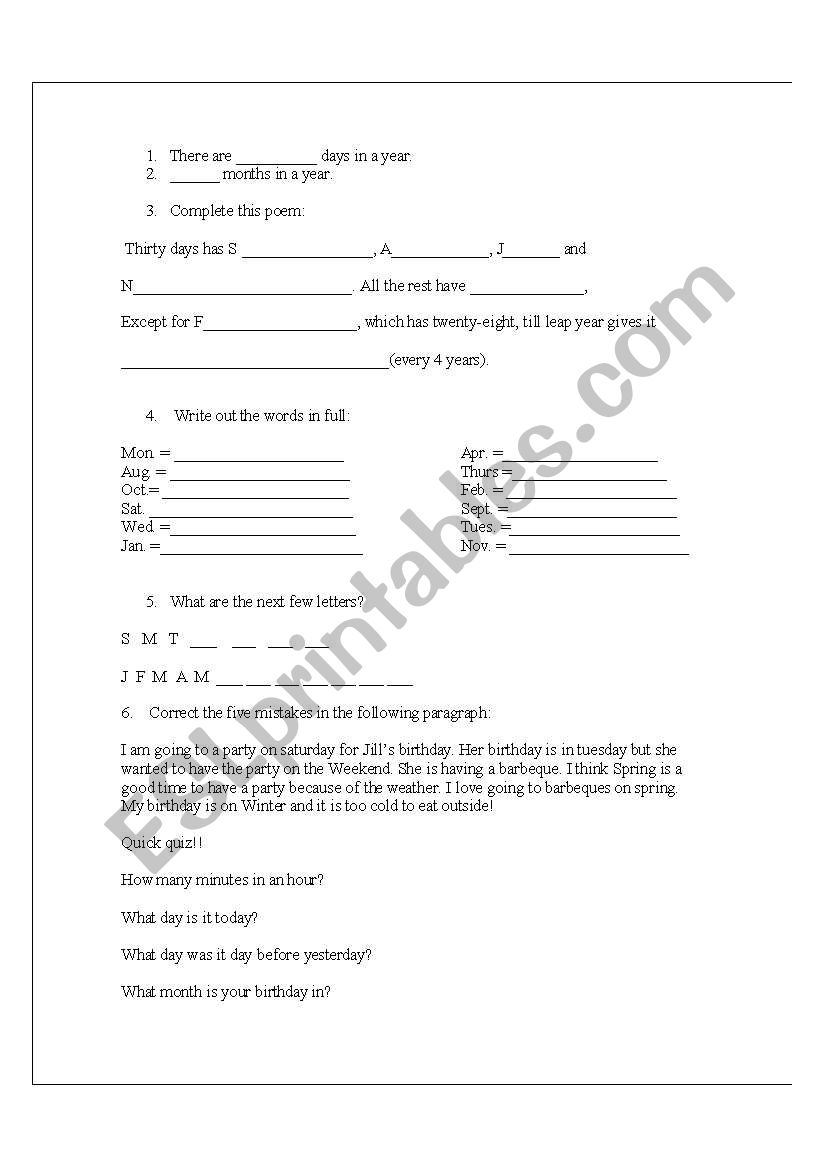 Basic time words worksheet