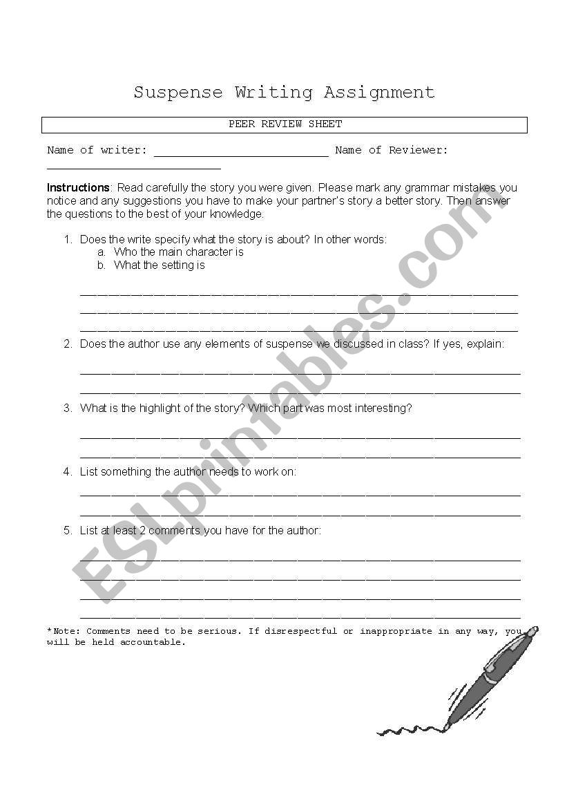 Suspense writing Assignment Peer Review Sheet