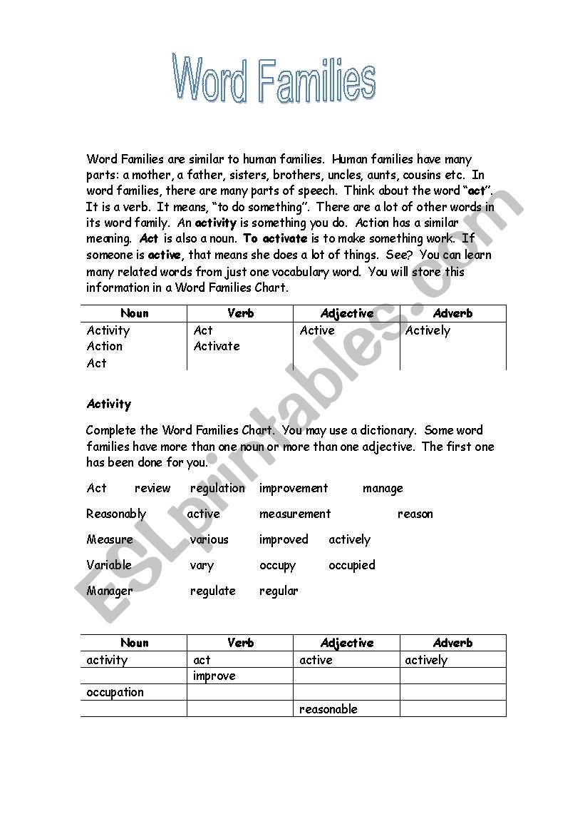 Word Families worksheet