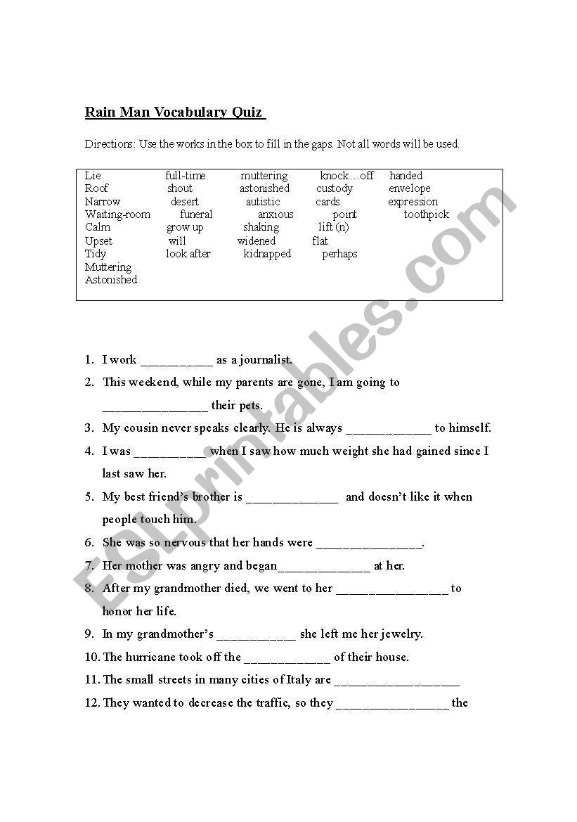 Rain Man: Comprehensive Vocab Quiz 