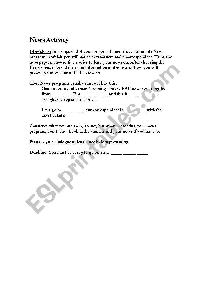 Live News Activity  worksheet