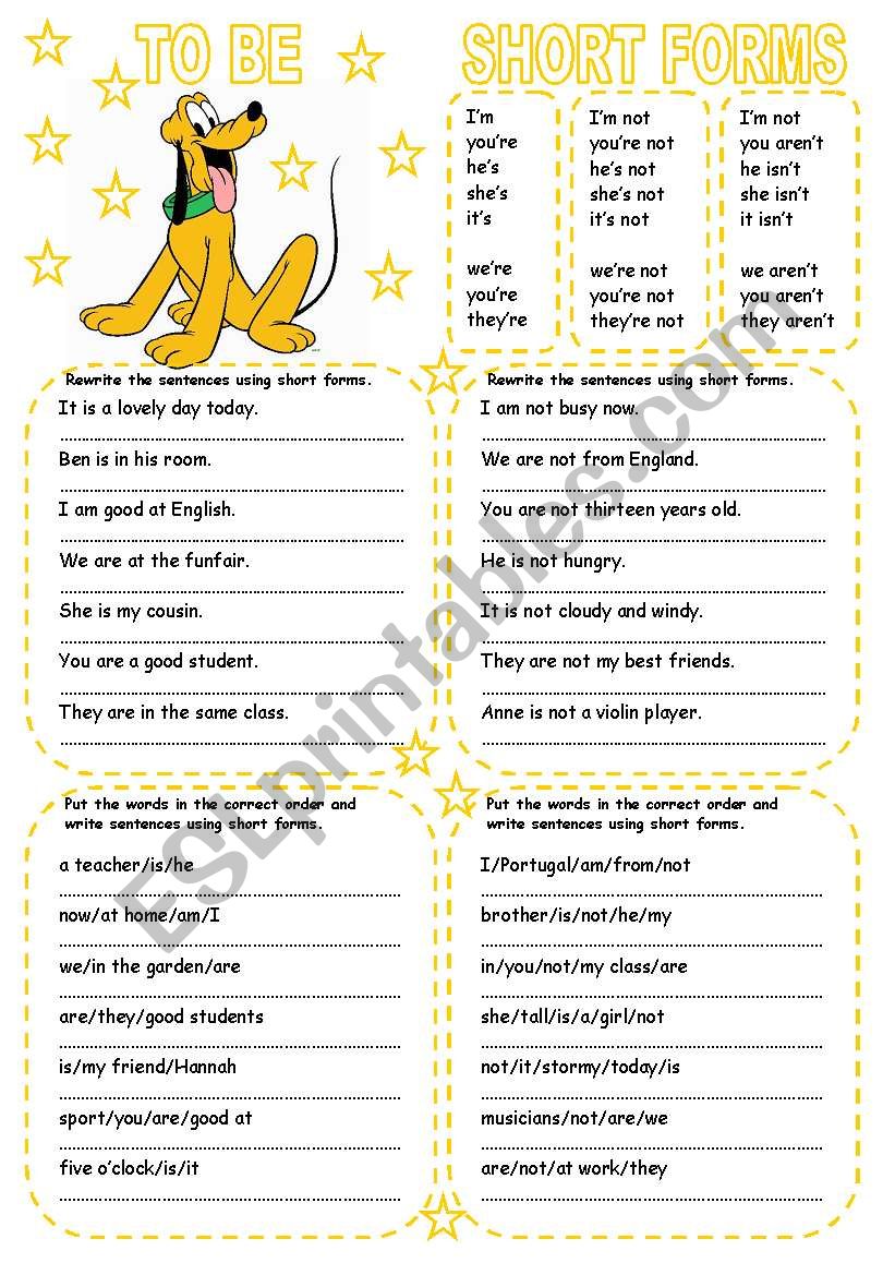 TO BE (2) SHORT FORMS worksheet