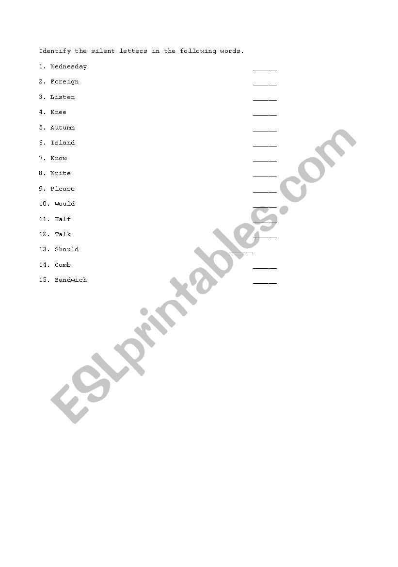 silent letters exercise worksheet