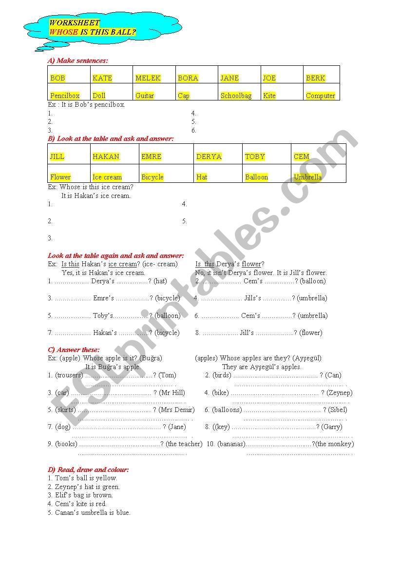 whose ball is this? worksheet