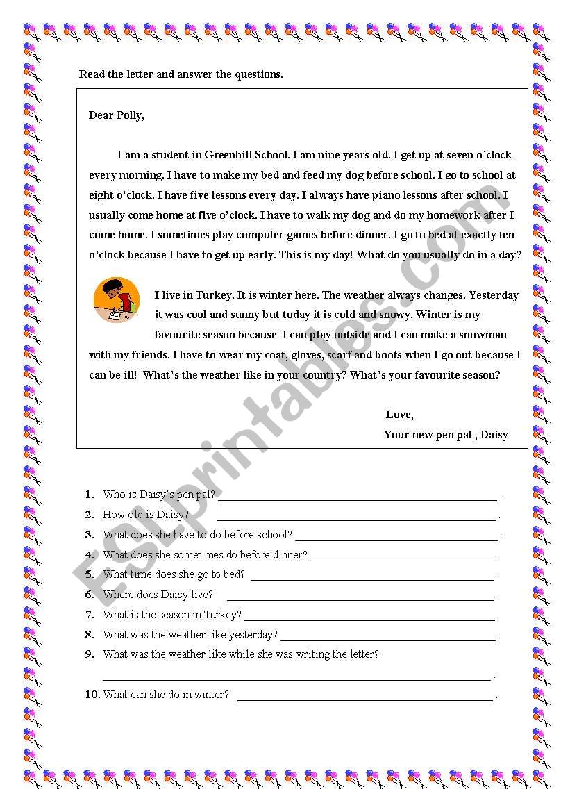 a letter to a pen pal worksheet
