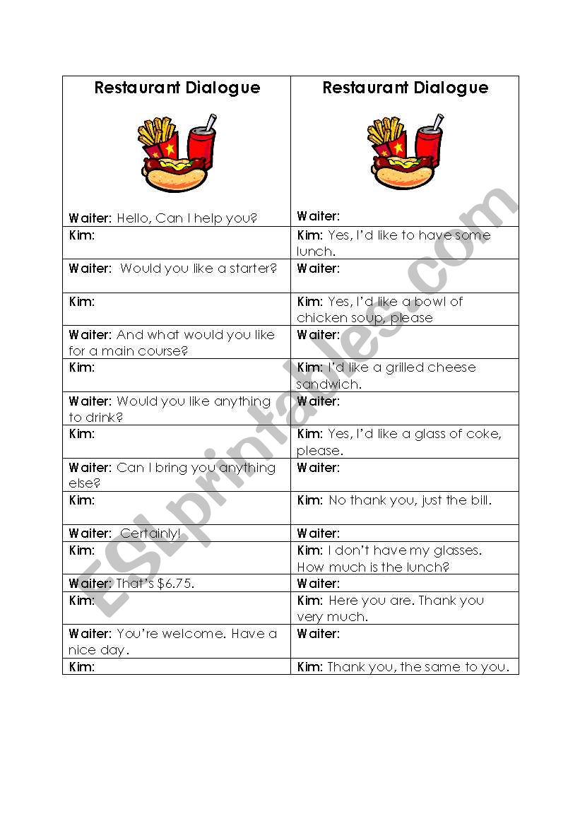 Restaurant Conversation worksheet