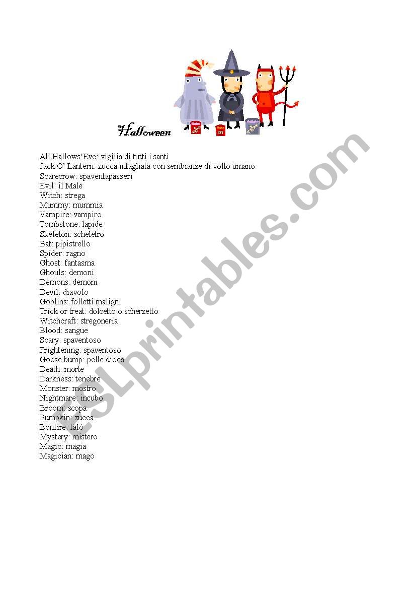 Halloween Vocabulary English - Italian