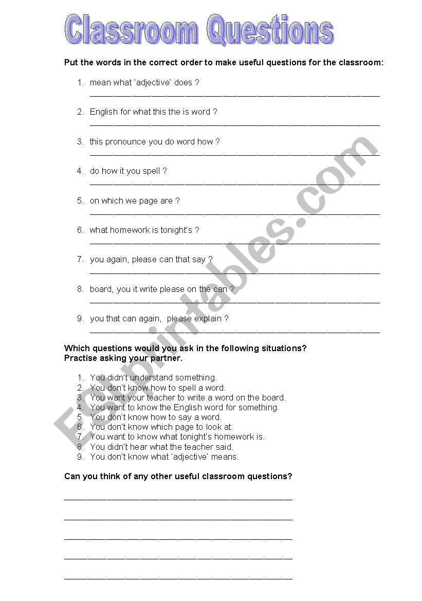 Classroom Questions worksheet