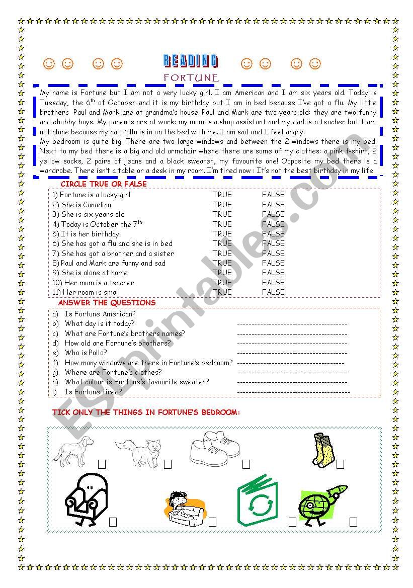 FORTUNE  an easy reding worksheet