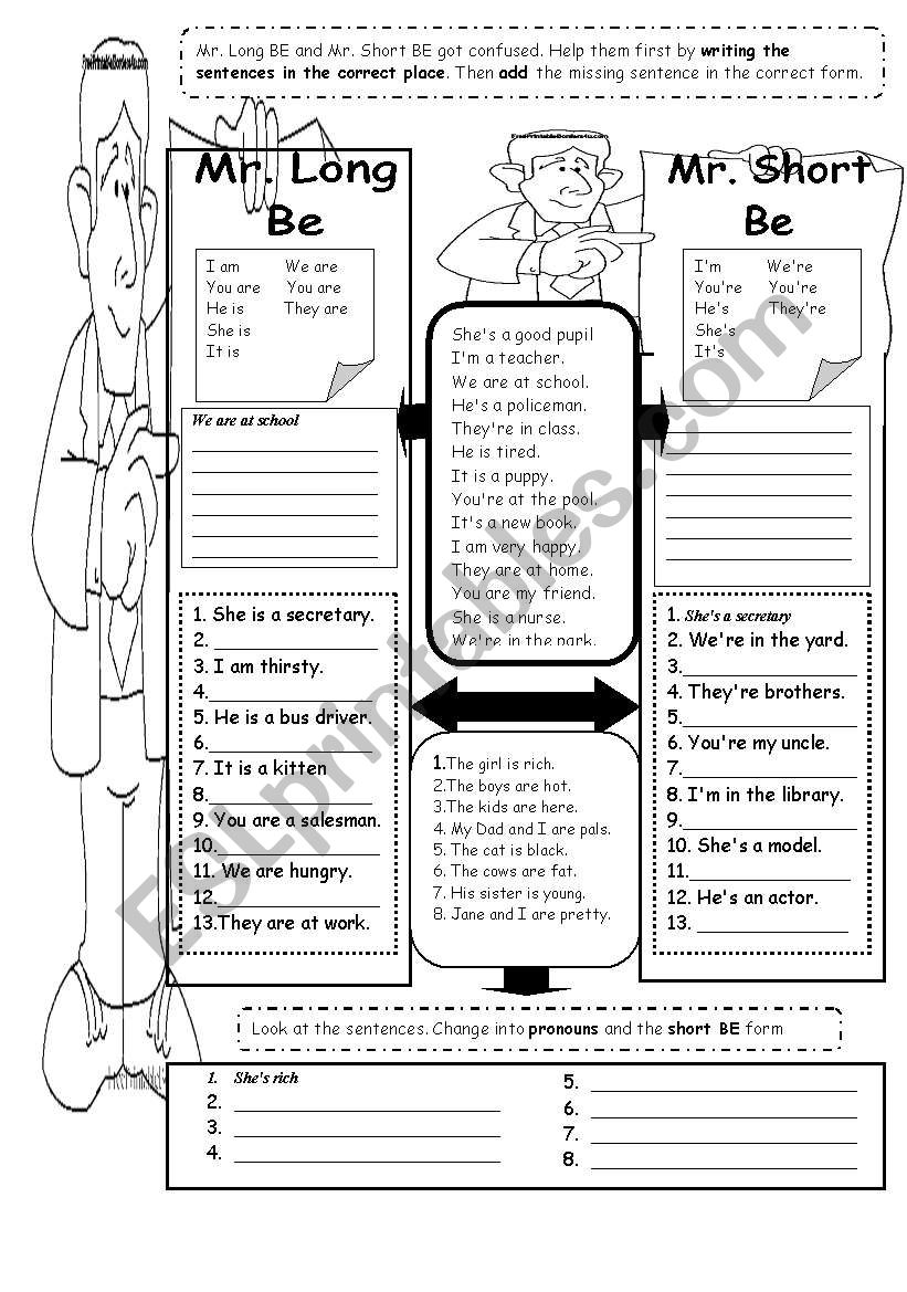 To Be - long and short forms worksheet