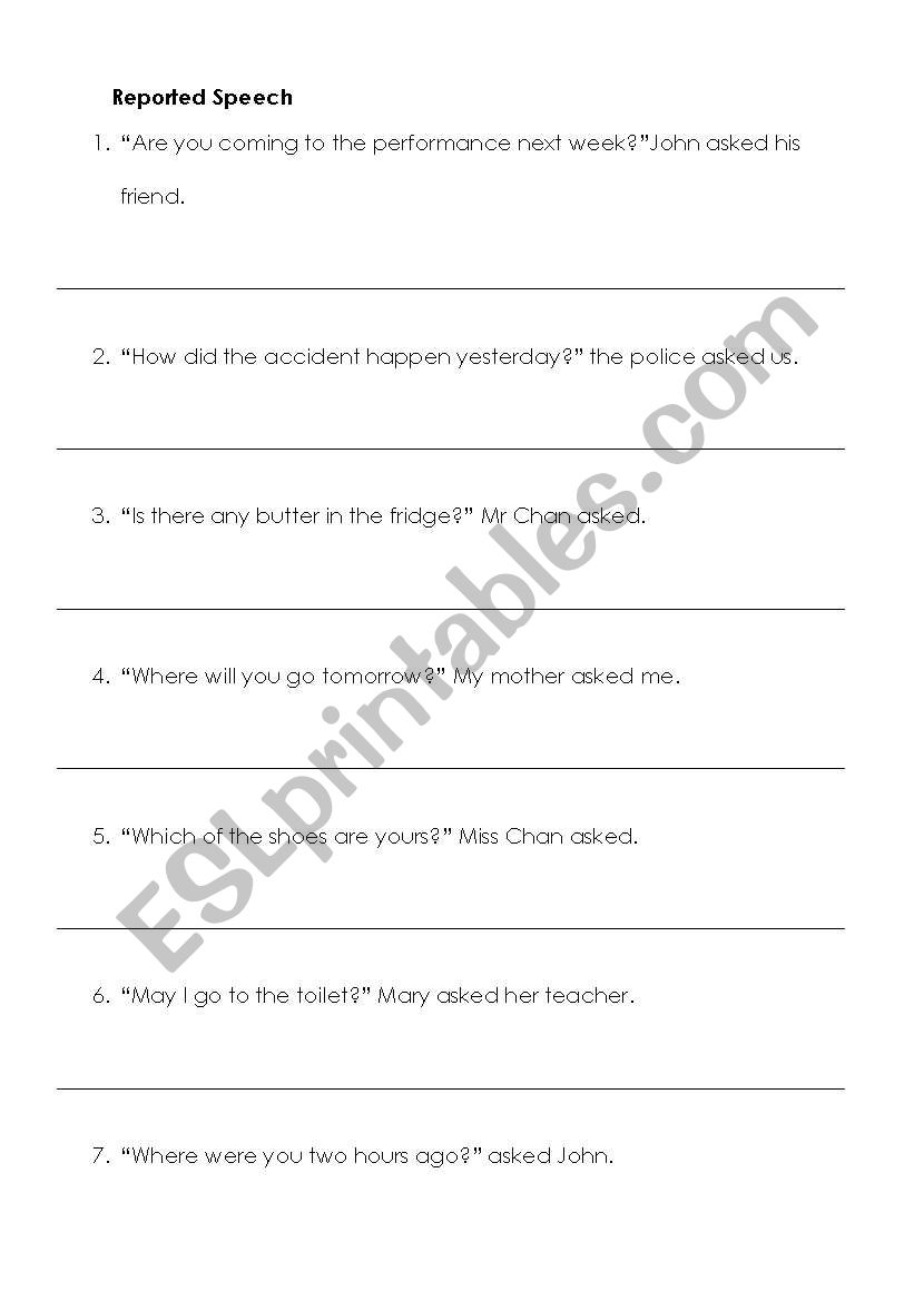 Reported questions worksheet