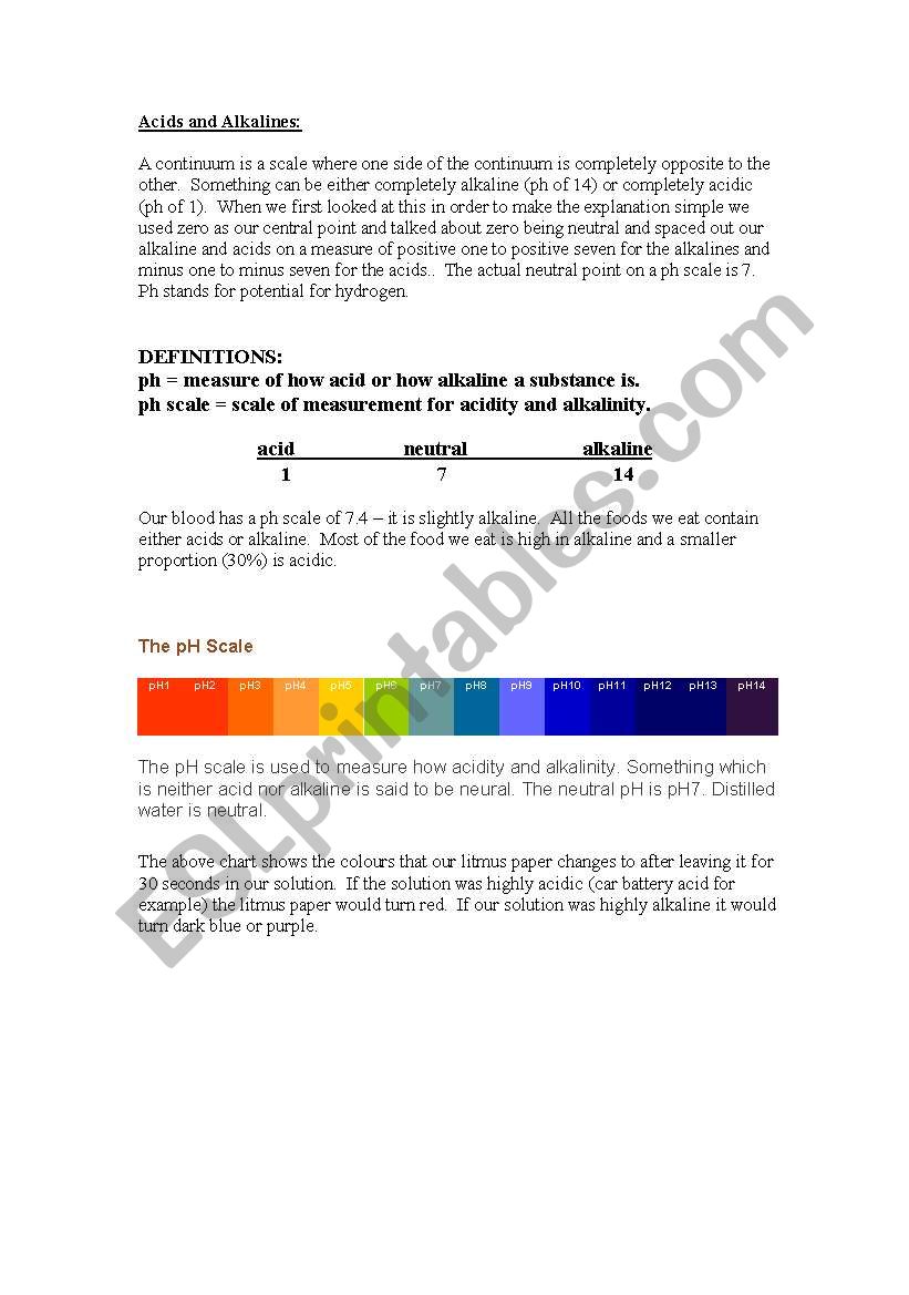 Acids and Alkalines worksheet