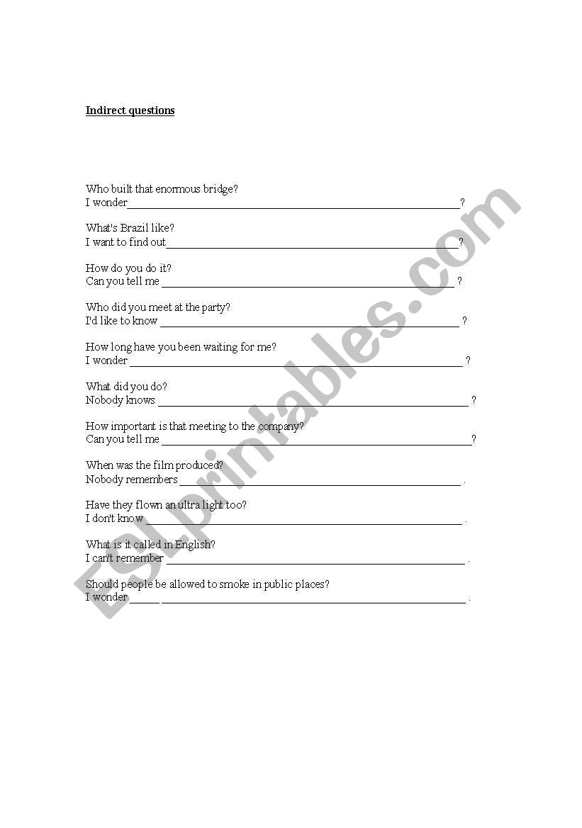 Indirect questions worksheet