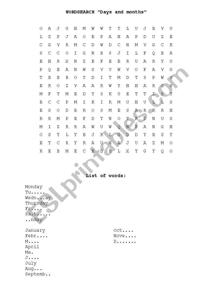 wordsearch days and months worksheet