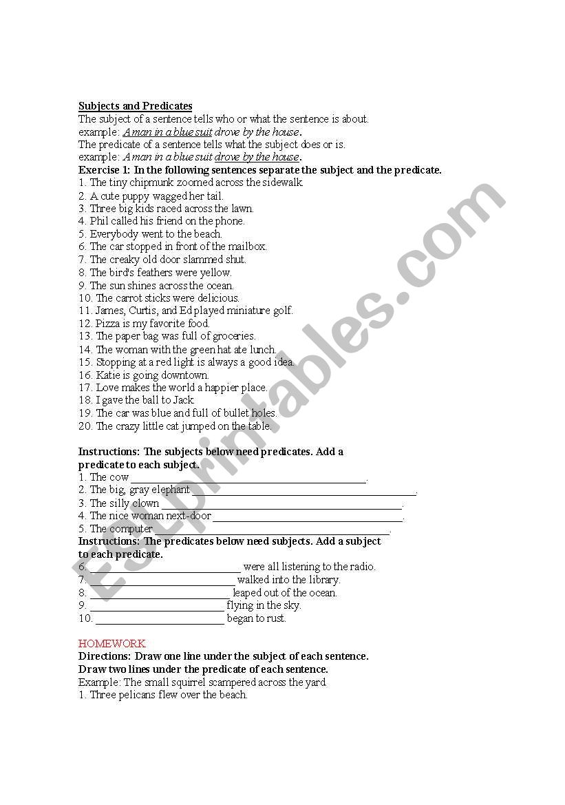 subject and predicate worksheet