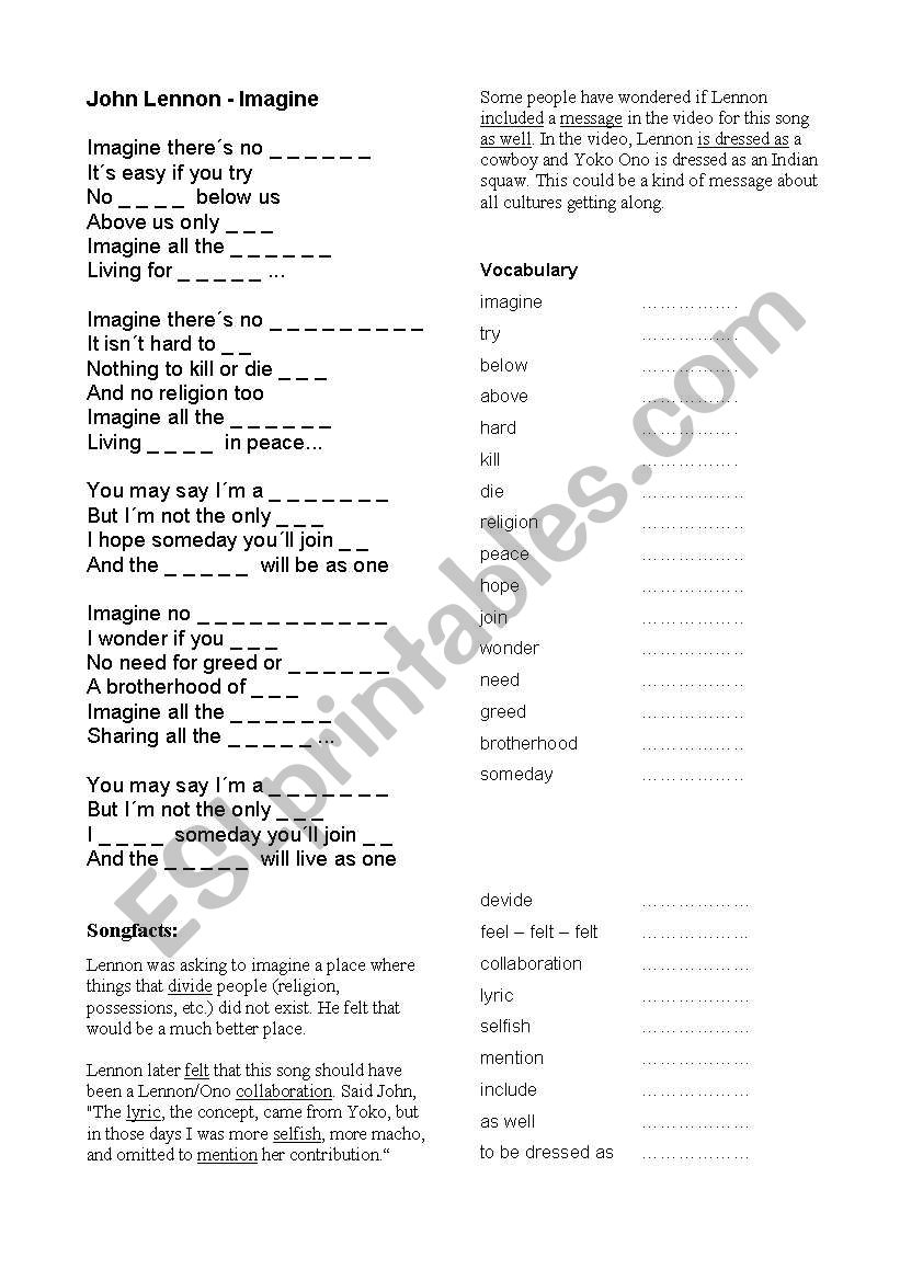 John Lennon - Imagine. Gap-filling + article + vocabulary