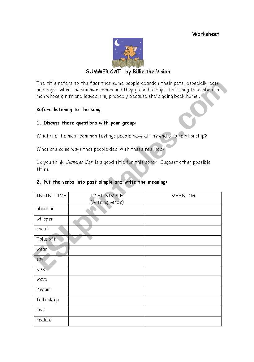 Summer cat song worksheet worksheet