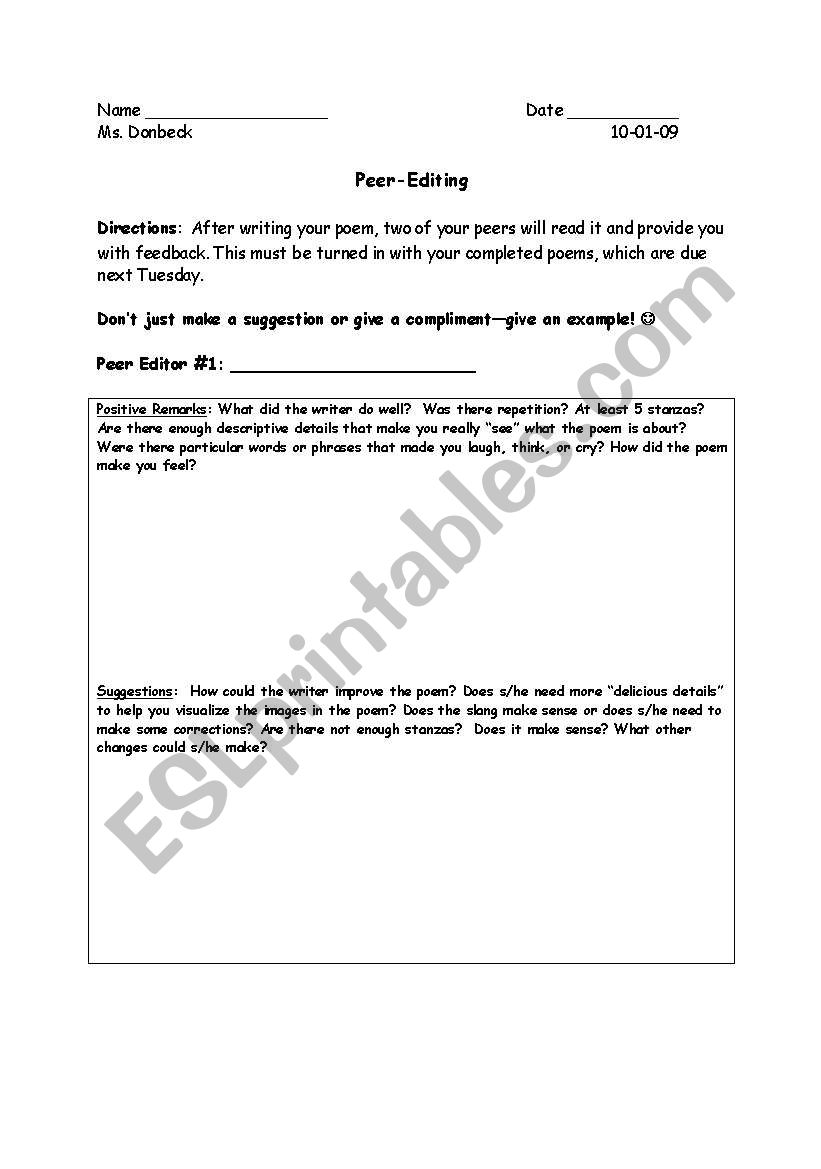 Peer Editing  worksheet